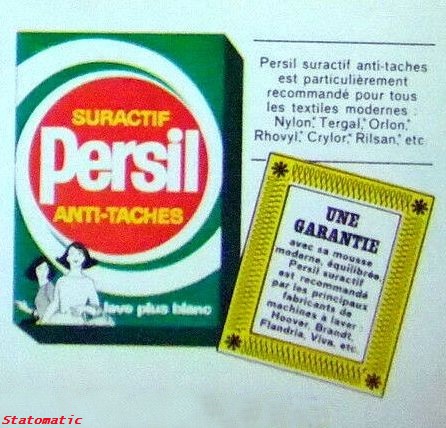 Persil suractif anti-taches est particulièrement recommandé pour tous les textiles modernes : 'Nylon', 'Tergal', 'Orlon', 'Rhovyl', 'Crylor', 'Rilsan', etc.  Une garantie avec sa mousse moderne, équilibrée, Persil suractif est recommandé par les principaux fabricants de machines à laver : Hoover, Brandt, Flandria, Viva, etc.