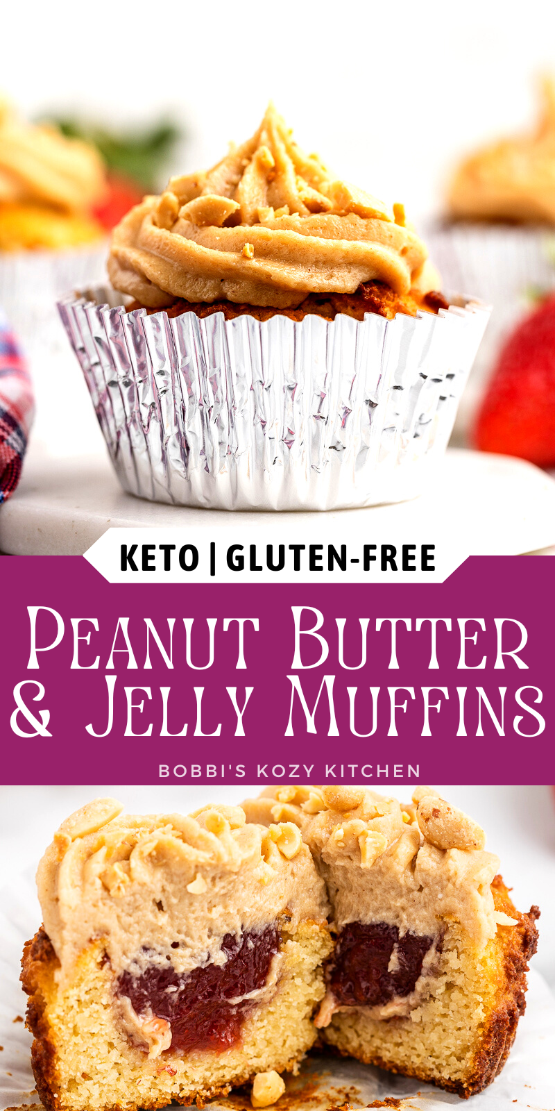Keto Peanut Butter and Jelly Muffins - These Keto Peanut Butter and Jelly Muffins are deliciously moist and fluffy, filled with mixed berry jam, and topped with a swirl of peanut butter frosting! #keto #lowcarb #glutenfree #sugarfree #peanutbutter #jelly #muffins