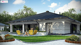 The terrace is also spacious, with glass walls separating it from the living area. With the glass walls, it makes the interior of the house bright with natural lightings. There is also a toilet that is easily accessible for guests to use.    Bed rooms are plenty with this house design even at just a single story. There is a room with a separate bathroom and dressing room that is perfect for use for guests. The other two central rooms shares a bathroom in the hallway, while the other room has its own private bathroom.    This house design was created with thoughts of family having three children.  TECHNICAL DATA Usable / net: 143,6 / 186,7 m² Garage area: 36,4 m² Building area: 230,0 m² Cubic capacity: 527,39 m³ The height of the house: 6,91 m Roof angle: 22° Roof area: 387,9 m² No. of rooms: 5 Type of house: brick