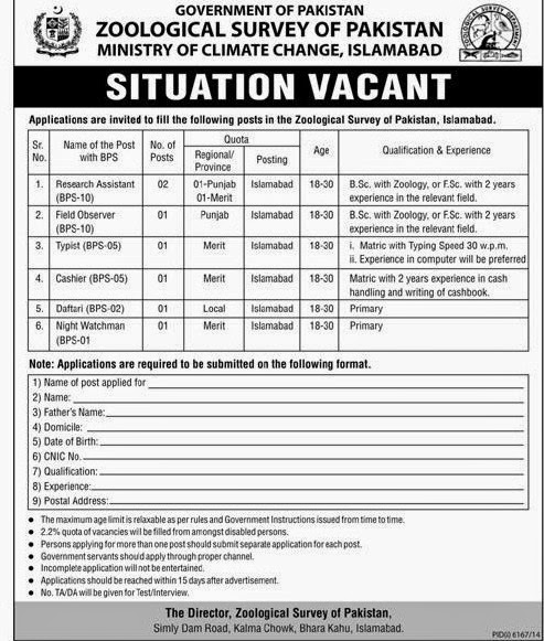 Job Vacancy in Zoological Survey of Pakistan