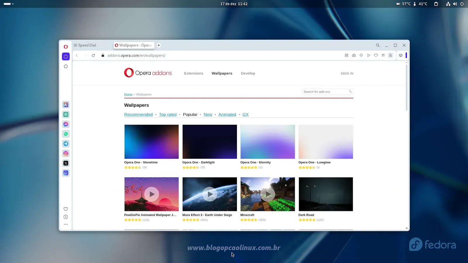 Navegador Opera Stable executando no Fedora 39 Workstation com o ambiente de desktop GNOME Shell