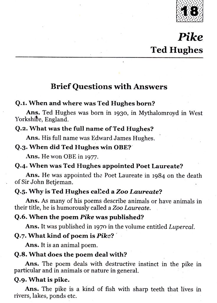 Pike– Ted Hughes - Brief Questions with Answers