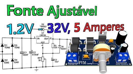 Fonte Ajustável 1.2V - 32V, 5 Amperes, com Proteção contra Curto-Circuito com CI LM138 + PCI