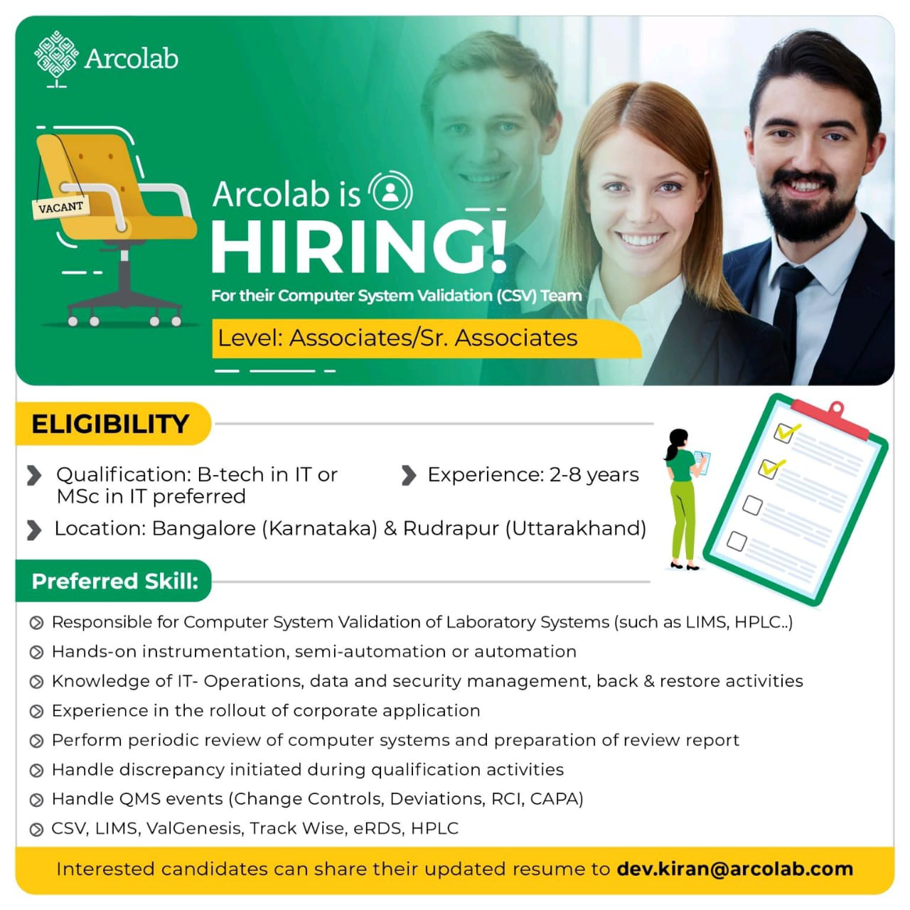 Job Available's for Arcolab Job Vacancy for B Tech/ IT/ MSc