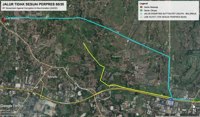 Bukti Jalur SUTET warna Biru Sesuai Perpres No. 60 Tahun 2020 dan Warna Kuning Disebut Sebagai Fakta Pengerjaan Di Lapangan.