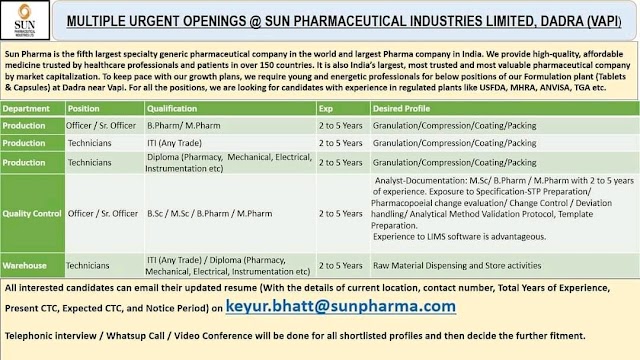 Sun Pharma | Multiple openings in Production/QC/Warehouse at Dadra