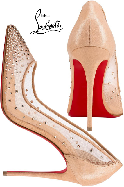 ♦Christian Louboutin Follies strass bejeweled beige mesh suede stiletto pumps #christianlouboutin #shoes #louboutinworld #brilliantluxury