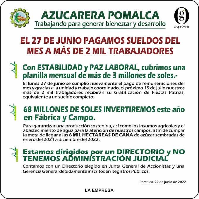 Azucarera Pomalca: Paga sueldos a más de 2 mil trabajadores