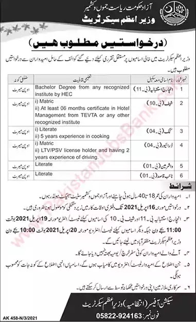 New Jobs in Prime Minister Secretariat AJK Jobs 2021