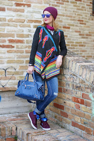 aztec print colorful cardigan, adidas honey hi trainers, Balenciaga City, Fashion and Cookies, fashion blogger