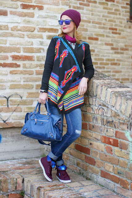 aztec print colorful cardigan, adidas honey hi trainers, Balenciaga City, Fashion and Cookies, fashion blogger