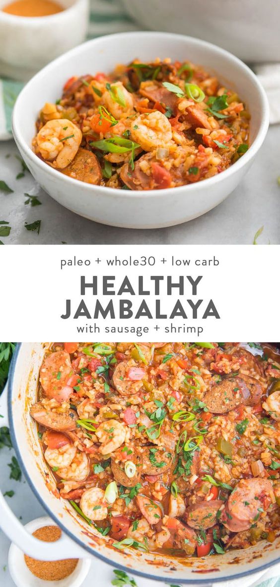 This healthy jambalaya recipe is a Whole30 and low carb version of an authentic Cajun dish. With sausage and shrimp, this paleo Creole recipe is even keto friendly, thanks to cauliflower rice! Surprisingly easy, too, and it comes together in a little less than an hour. #lowcarb #paleo #keto #healthyrecipes #whole30