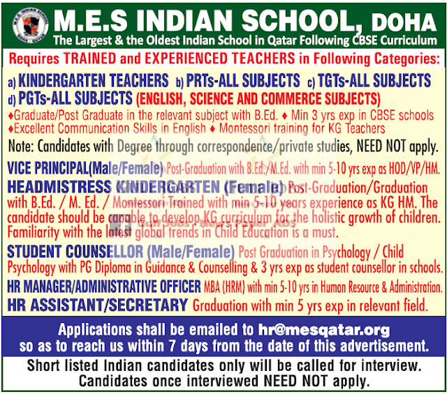 Indian School Job Vacancies for Doha Qatar