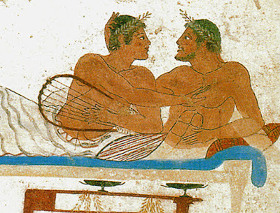 Homossexualidade na Grécia Antiga - Amor Grego - Simpósio grego (detalhe de um afresco do Túmulo do Mergulhador em Paestum, Itália)