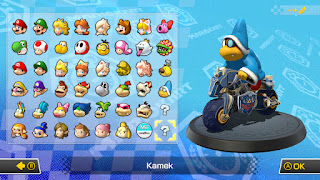 Kamek on the Master Cycle next to the roster of 46 characters and two question marks.