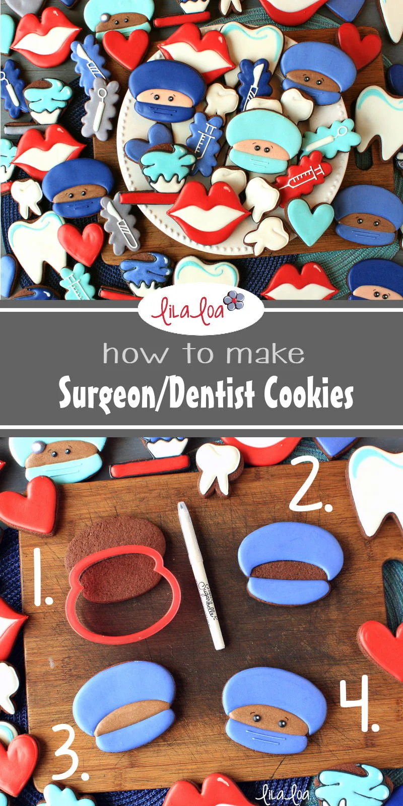 fun and happy dentist, surgeon and dental chocolate decorated sugar cookies