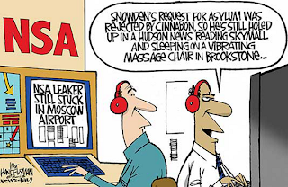 image: cartoon by Walt Handelsman about Snowden in Moscow airport