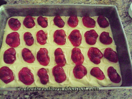 Eclectic Red Barn: Easy Cherry Squares batter and cherries