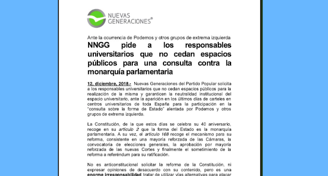 Nuevas Generaciones del PP tratan de impedir los referéndums contra la Monarquía