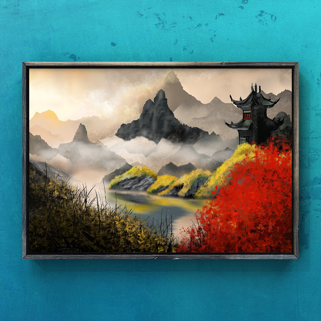 Japanese landscape art, mountains, lake, pagoda,