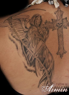 tattoo on the back: Angel of Death portrayed as a winged young woman