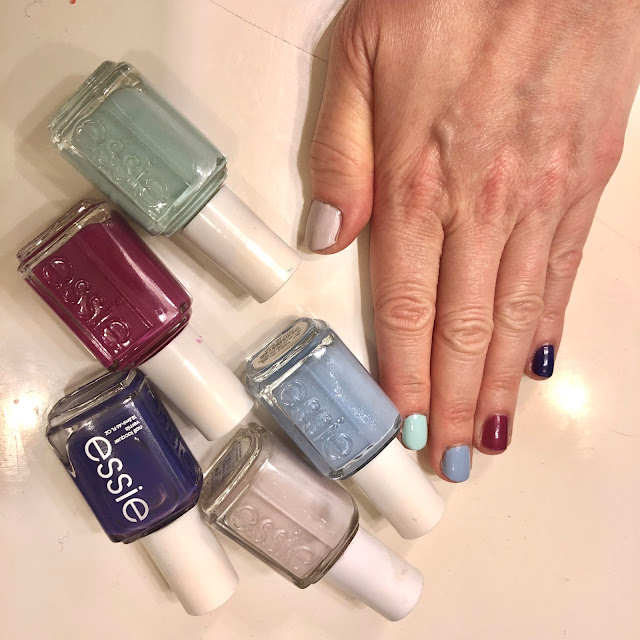 Essie, Essie nail polish, Essie Neo Whimsical, Essie Bikini So Teeny, Essie Mint Candy Apple, Essie DJ Play That Song, Essie All Access Pass, Skittles nails, spring nails, nails, nail polish, nail lacquer, nail varnish, manicure, #ManiMonday