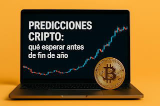 Bitcoin dorado frente a laptop con gráfico alcista y fondo amarillo sobre predicciones cripto