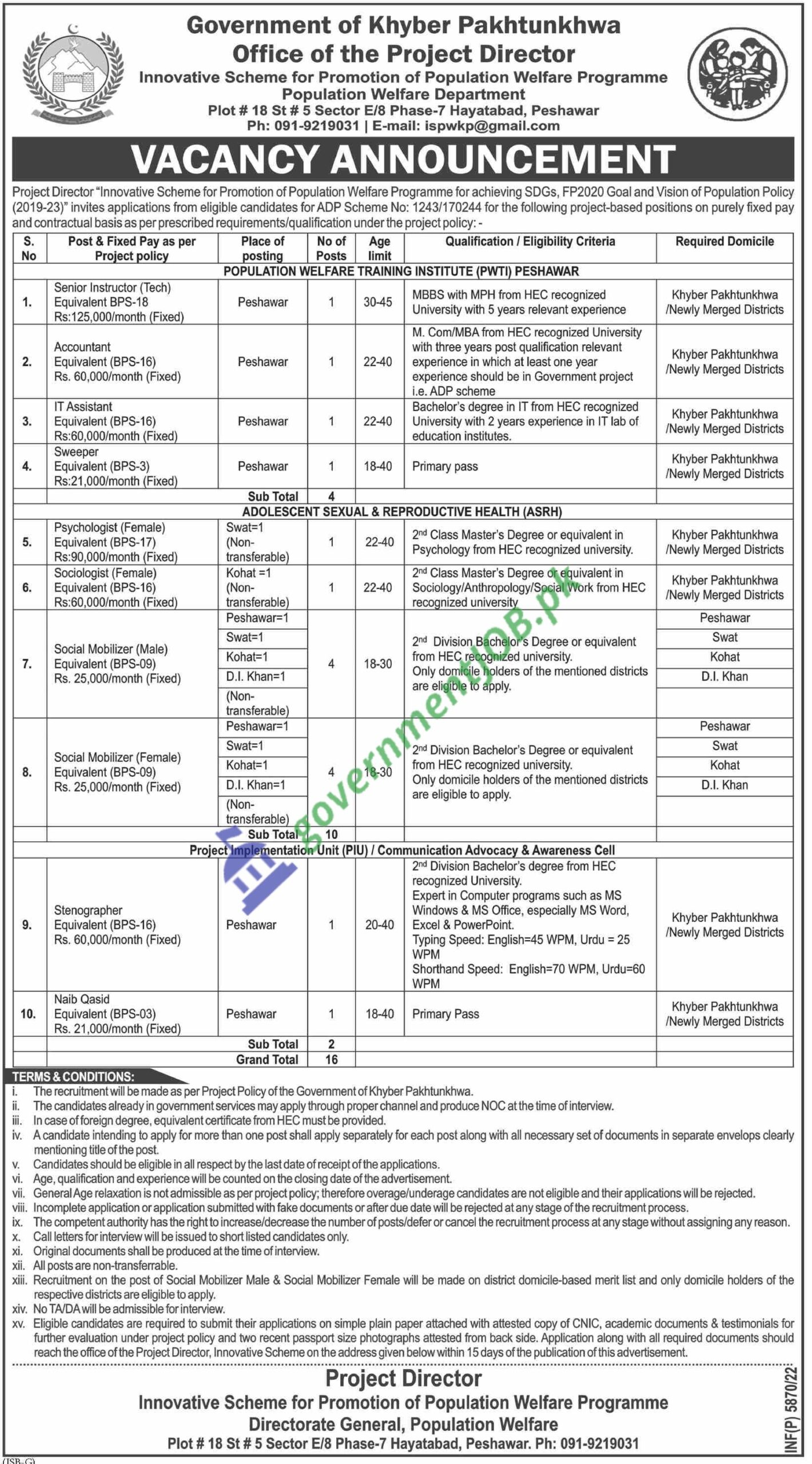 Govt of KPK Office of the Project Director Jobs 2022