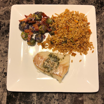 herb butter cod with bacon roasted purple Brussels sprouts and farro