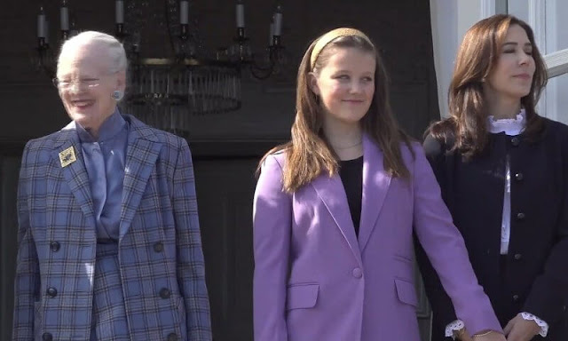 Crown Prince Frederik, Crown Princess Mary, Vincent and Josephine. Princess Isabella wore a purple blazer by Hugo Boss