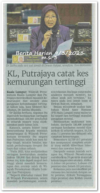 KL, Putrajaya catat kes kemurungan tertinggi - Keratan akhbar Berita Harian 9 Mac 2023