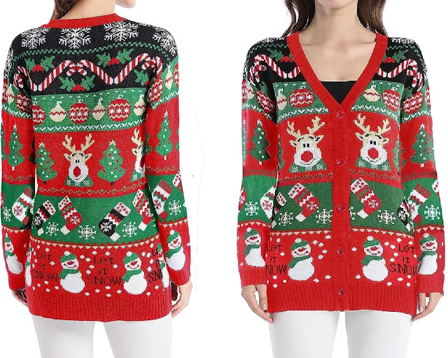 3. V28 Christmas Sweater Cardigan, Ugly Women Knit Pocket Colorful Santa Sweater