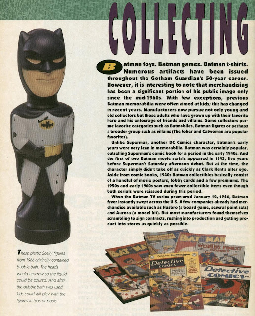 A 1966 Batman Soaky bubble bath container in the Batman Official Movie Souvenir Magazine section about vintage Batman merchandise