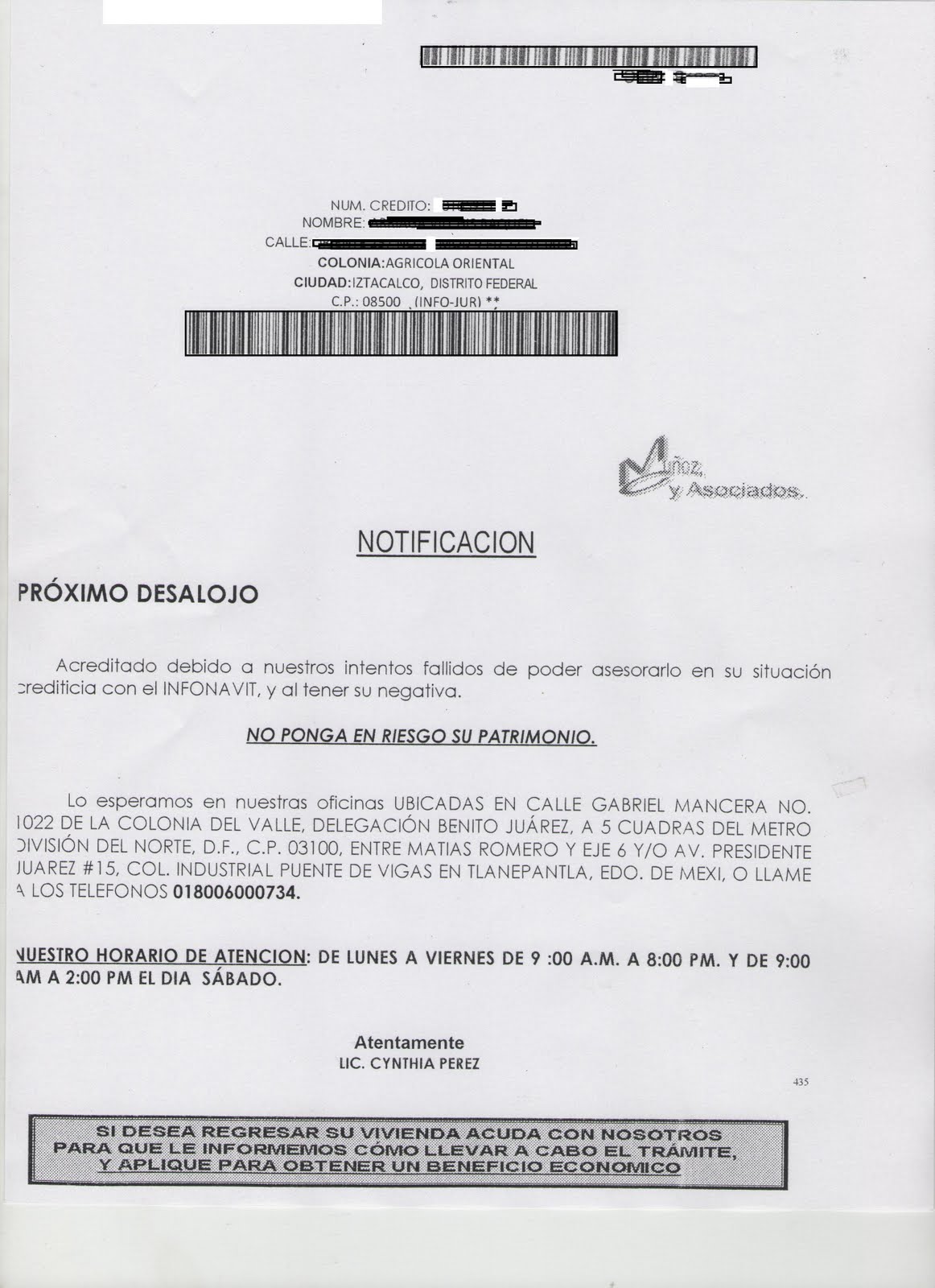 OFICINA CONTRA DESALOJOS HABITACIONALES: NOTIFICACIÓN DE 