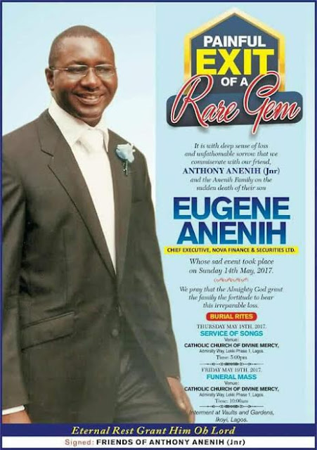 Obituary of Tony Anenih's son, Eugene who slumped and died at Lagos club