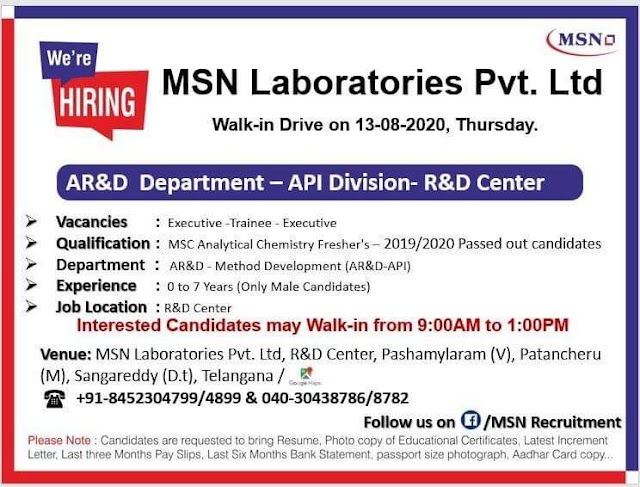 MSN Laboratories | Walk- In Drive for AR&D department | Freshers &Expd on 13 Aug 2020