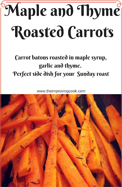 Roasted carrots on a baking tray with text overlay