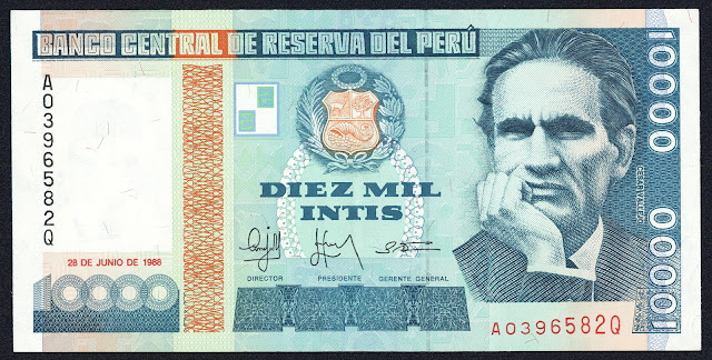 Peru Banknotes 10000 Intis banknote 1988 Cesar Vallejo