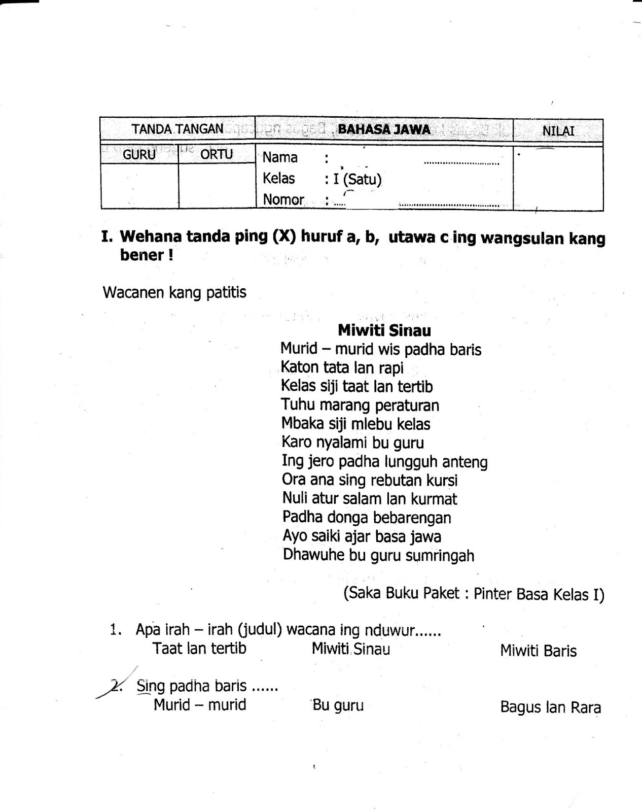 UAS Ujian Akhir Semester Bahasa Jawa SD Kelas 1 Semester Ganjil TA 2014 2015 Kurikulum 2013