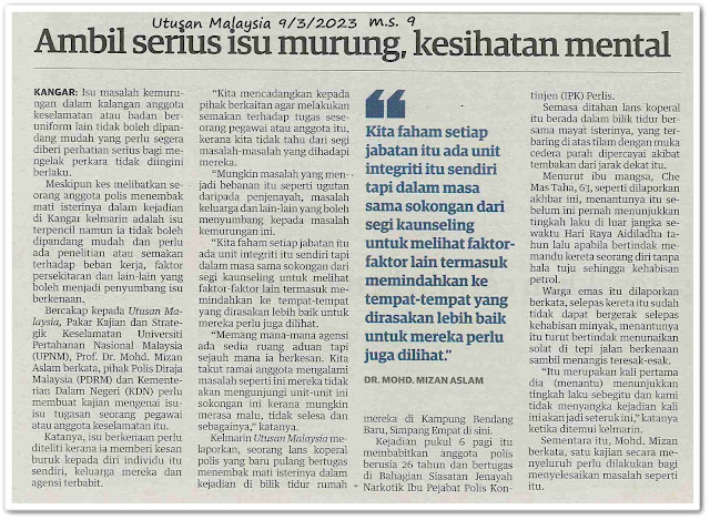 Ambil serius isu murung, kesihatan mental - Keratan akhbar Utusan Malaysia 9 Mac 2023