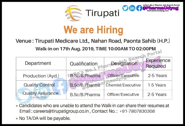 Tirupati Pharma | Walk-in interview for Production- QC- QA | 17 August 2019 | Poanta Sahib