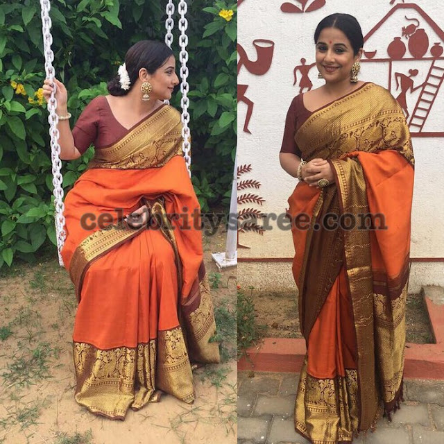 Vidya Balan Orange Maroon Silk Saree