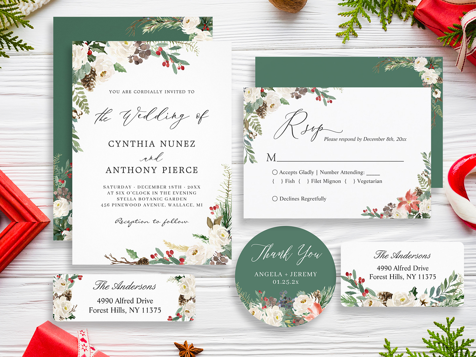 Rustic Winter Ivory Floral Wedding Invitation Suite