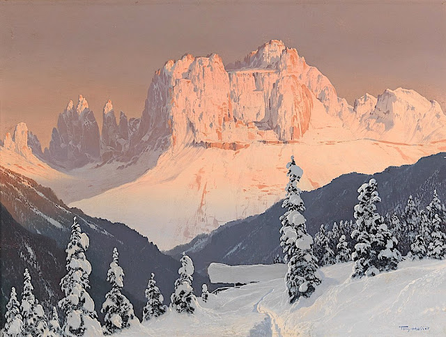 TONI HALLER (1907-1944) Catinaccio d'Antermoia (3,002m) Italie (Trentin Haut-Adige)   In Der Rosengarten von Sankt Cyprian,  Dolomite, huile sur toile. Collection privée .