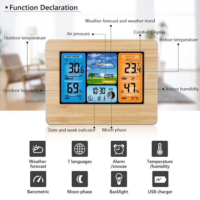 LCD Wireless Weather Station Indoor Outdoor USB Digital Forecast Alarm Clock