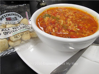 Bowl of Stuffed Pepper Soup and Crackers