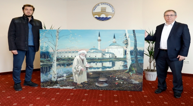 Trakya Üniversitesi (TÜ) mezunu Gürkan Uygun'un Sultan II. Bayezid Külliyesi ile Aşçı Yahya Baba'yı resmettiği tablo, külliyede sergilenecek