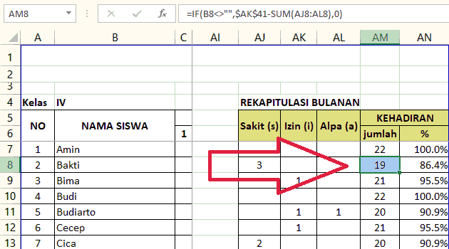  Gambar Rumus menghitung tingkat kehadiran bulanan per siswa dengan Microsoft Excel