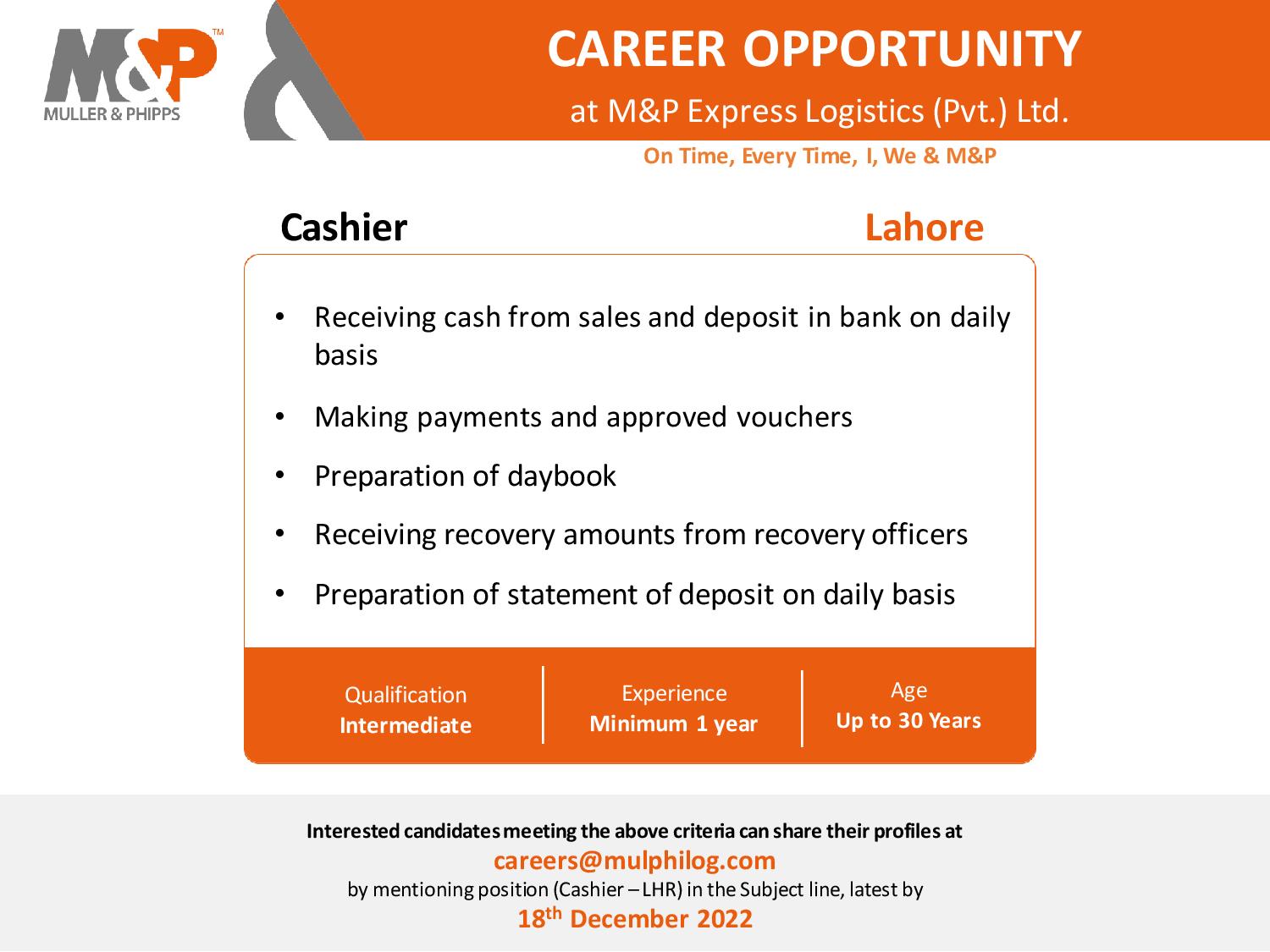 Cashier opportunity at M&P Express Logistics Area Office (Lahore)