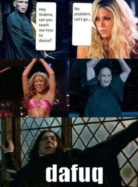 Shakira and Snape learning to dance